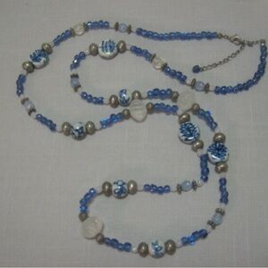 Vintage Blue Salt Glaze Pottery Beads Plastic Beaded Matinee Necklace 34”